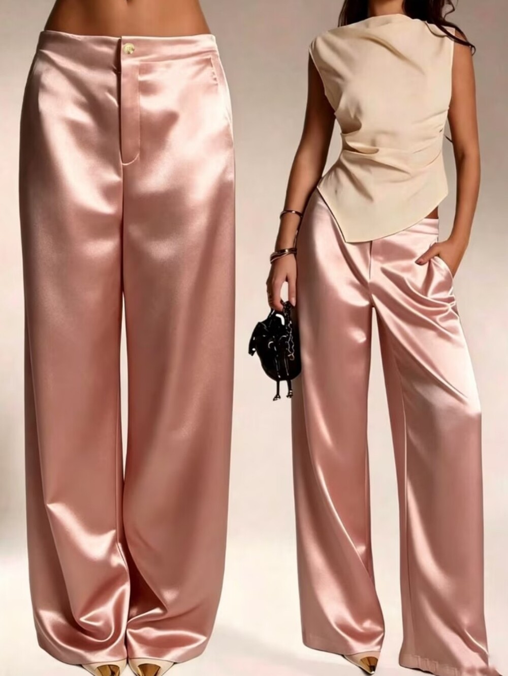 Women's Solid Color Glossy Smooth Long Pants with Pockets and Zipper, Suitable f